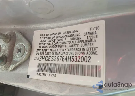 2004 Honda Civic Ex из США, поврежденный, VIN 2HGES26764H532002